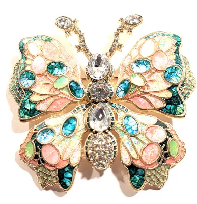 **NEW ARRIVAL** Beautiful Large Ceramic PINK & GREEN BUTTERFLY BROOCH (3" x 2¾") with Pink and Green Ovals, Clear Stones...