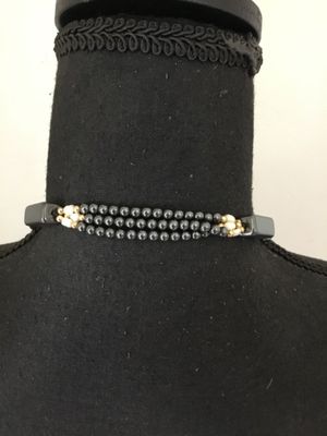 Beautiful vintage hematite, three strand beaded statement, necklace, organic pearl spacers