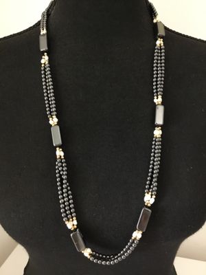 Beautiful vintage hematite, three strand beaded statement, necklace, organic pearl spacers