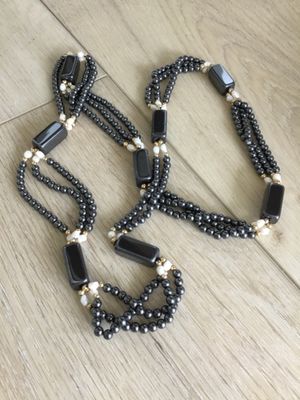 Beautiful vintage hematite, three strand beaded statement, necklace, organic pearl spacers