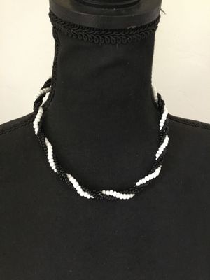 Vintage white milk, glass and black glass bead, braided necklace with barrel clasp