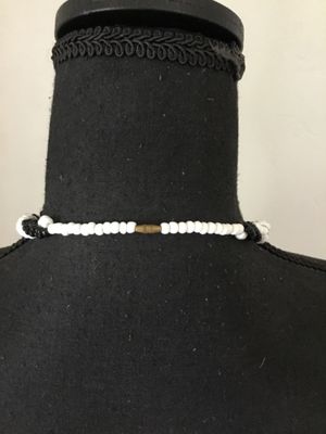 Vintage white milk, glass and black glass bead, braided necklace with barrel clasp