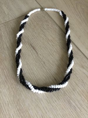 Vintage white milk, glass and black glass bead, braided necklace with barrel clasp