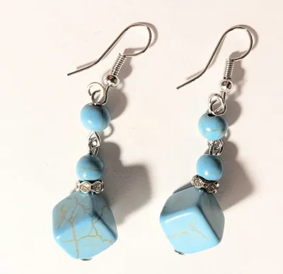 **NEW ARRIVAL** "CUBES" Dangle TURQUOISE-Style EARRINGS with Silver Tone Setting + WIRE HOOK Clasp