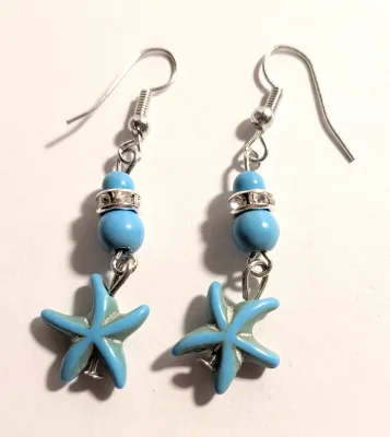 **NEW ARRIVAL** "Star & Globe" Dangle TURQUOISE-Style EARRINGS with Silver Tone Setting + WIRE HOOK Clasp