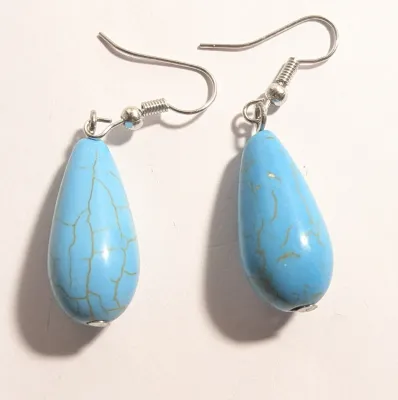 **NEW ARRIVAL** Oblong Dangle TURQUOISE-Style EARRINGS with Silver Tone Setting + WIRE HOOK Clasp