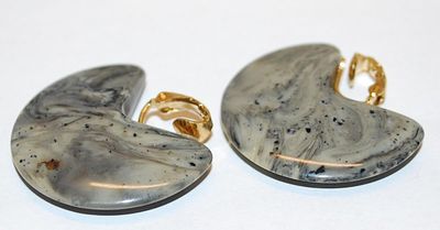 Gray Spotted "C" Shaped Polished STONE EARRINGS Set with Spring Snap Clasp