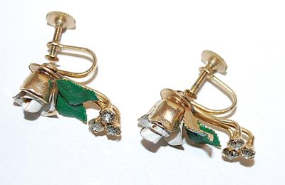 Metal White Rose EARRINGS Set with Triple Clear Stone Accents and Green Metal Leaves with a Screw-On Clasp