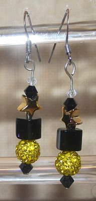 Vintage Style Gold Colored Globes & Black Blocks Earrings (1¼") Set with Wire Hook Clasp