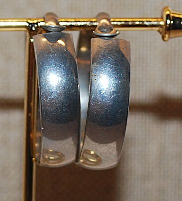 VINTAGE 1950's Silver Over Brass Hoop Style Earrings (1" Circ.) with HINGED Snap Clasp