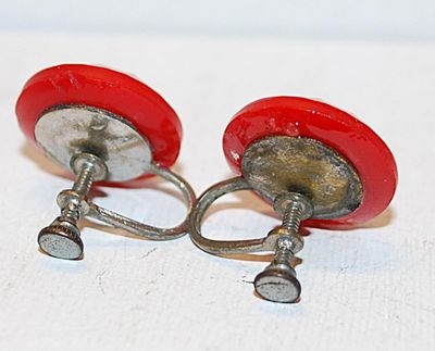VINTAGE 1938 RED Button Style Earrings (½" Diam.) with Screw Style Clasp