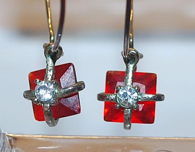 Vintage RED Wrapped Holiday Presents EARRINGS Pair (1¾" Diam.) with a Single Stone and Silver Colored Ribbon on a Hoop Style Clasp
