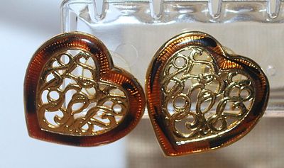 Vintage Gold Colored Grill HEART Earrings Set (1") with Amber & Black Edge and a Stud Style Clasp