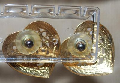 Vintage Gold Colored Grill HEART Earrings Set (1") with Amber & Black Edge and a Stud Style Clasp