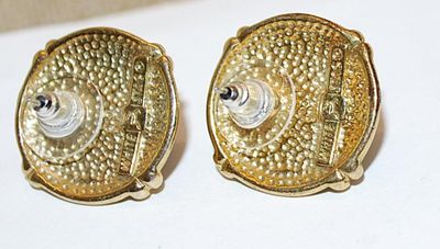 Deep Blue Cabochon Stone EARRINGS - Marked "WHITE STAG" - with a Gold Tone Perimeter and Stud Post Clasp