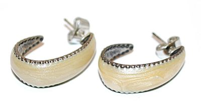 Swirled Beige Enamel EARRINGS on Metal Setting and Stud Post Clasp