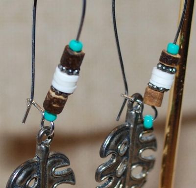 Serrated Metal Leaves EARRINGS with Bead Accents and Snap Hook Clasp