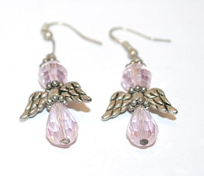 Pink Beads "ANGEL" EARRINGS Set with Metal "Wings" and a Wire Hook Clasp