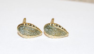 Silver Gray-Green Ground Stone EARRINGS Set and Gold Tone Teardrop Shaped Setting and Leverback Snap Clasp