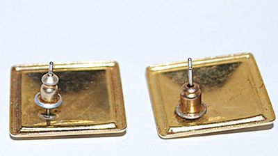 Acrylic GRAPHIC DESIGNED Square EARRINGS Set with Metal Gold Tone Setting and Stud Post Clasp