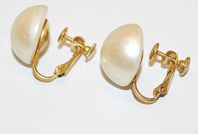 Vintage Half-Globe Faux Pearl Button EARRINGS Set with Spring Screwback Clasp