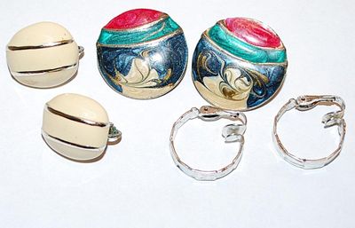Collection of 3 Vintage EARRINGS Sets including Colored Enamel, Silver Colored and Beige "Buttons"