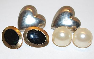 Collection of 3 Vintage EARRINGS Sets including HEARTS, Faux PEARLS and Black/Gold "Buttons"
