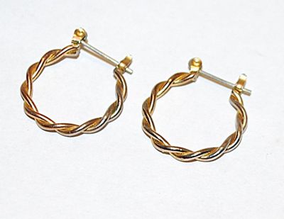 Two-Tone Gold & Silver Colored HOOP EARRINGS Set with Twisted Wire and Huggie Cupped Clasp