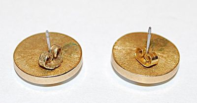 Vintage White Enamel Button-Style EARRINGS Set with Center Gold Colored Stripe and Stud Post Clasp