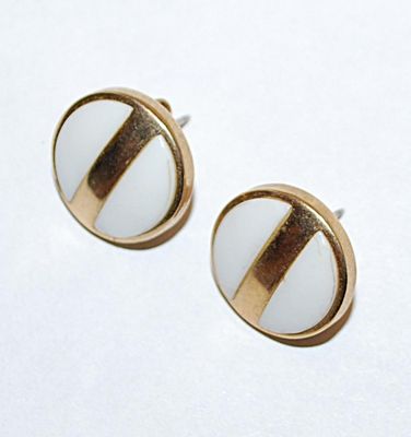 Vintage White Enamel Button-Style EARRINGS Set with Center Gold Colored Stripe and Stud Post Clasp