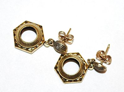 Brass Colored HEXAGON EARRINGS Set with Capped Stud Post Clasp
