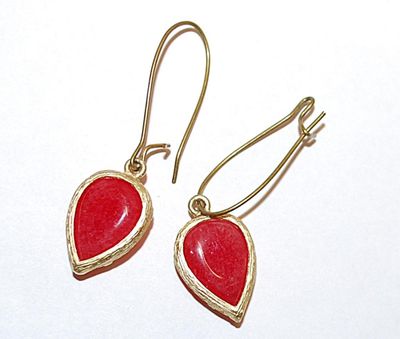 RED Enamel Teardrop Pear-Shaped EARRINGS Set with Wire Looped Clasp