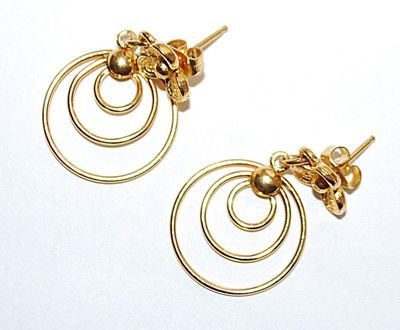 Bright Gold Colored 3 RING EARRINGS Set with Flower Accent and Stud Post Clasp