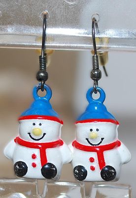 Vintage BLUE HAT SNOWMAN EARRINGS Pair (1" x ¾") with a Yellow Nose & Red Scarf on a Wire Hook Clasp