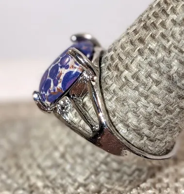 **NEW ARRIVAL** Size 10½ PURPLE & BLUE and More "Mottled" Oval Cabochon 4-Prong Stone RING with a 3-Line Band in a Silver...