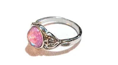 **NEW ARRIVAL** Size 7 Round PINK-ish (Changes Colors) IRIDESCENT STONE RING with a "Split Heart Band" on a Silver Tone Setting...