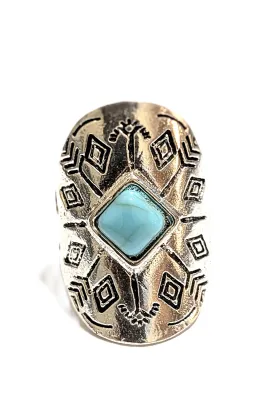 **NEW ARRIVAL** Size 5½ BLUE "Crackled" TURQUISE Tilted Square STONE Metal RING on a Silver Tone Band (4.8g)