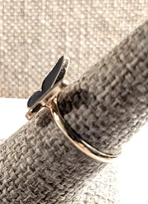 **NEW ARRIVAL** Size 7¼ Delicate BLACK BUTTERFLY RING with Gold Edged Enamel Butterfly on an ADJUSTABLE SPLIT BAND on a Gold Tone Band...