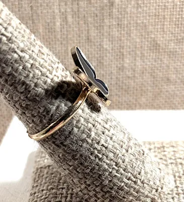 **NEW ARRIVAL** Size 7¼ Delicate BLACK BUTTERFLY RING with Gold Edged Enamel Butterfly on an ADJUSTABLE SPLIT BAND on a Gold Tone Band...