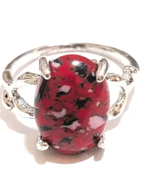 **NEW ARRIVAL** Size 7½ RED, PINK & BLACK "Speckled" Oval Cabochon 4-Prong Stone RING with Up/Down Band "KNOBS"...