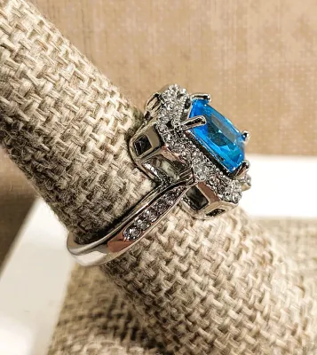 **New Arrival** Size 7¾ Large BLUE Transparent Rectangle Stone RING with Bejeweled Surround on a "Nest" and Jeweled Side Band...