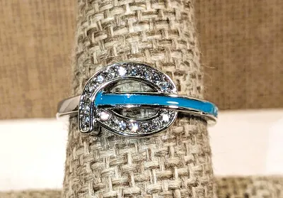 **New Arrival** Size 8¼ "Loop on a Line" Style RING with Enameled Blue/Green Line and Jeweled Loop on a Silver Tone Setting and...