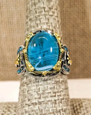 **New Arrival** Size 7¼ Ornate Silver & Gold Colored RING with STRIPED Oval Blue Main Stone, Tiny Blue Accent Stones, Gold Tulip on a...