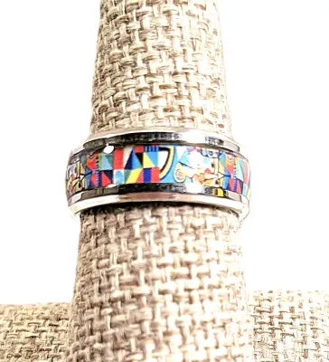 **New Arrival** Size 7½ Infinity Style Multicolor Graphic Design Enamel RING with Reds, Yellows & Blues on a Silver Tone Setting and...