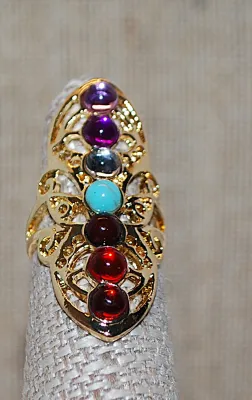 Size 6½ MULTICOLOR Half Globe BEADS Party RING on a Gold Tone Filagree Setting and Band (6.4g)