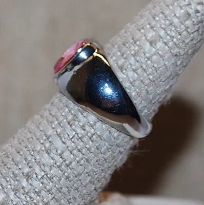 Size 7¼ Large Beveled PINK HEART Shaped Stone RING with Strong Solid SILVER Tone Band (6.0g)