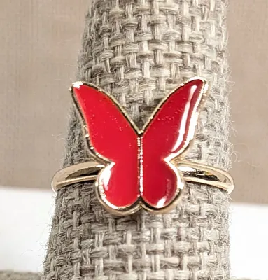 Size 8 BRIGHT RED BUTTERFLY RING with a Gold Tone Setting + SPLIT BAND (1.5g)
