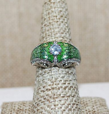 Size 7¼ Marked .925 "Puffy" LIME GREEN Party Ring with a Single Main Clear Round Stone on a Silver Band (6.1g)