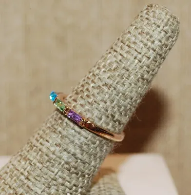 Size 7¼ Delicate Multicolor BAGUETTES RING with Pink, Green, Purple & Blue Stones on a Gold Tone Band (1.8g)