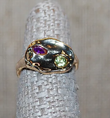 Size 5¾ Purple & Green Stones RING on a Gold Tone "Molten Lava" Setting and OPEN BAND (3.2g)